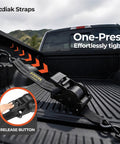 Heavy Duty Retractable Ratchet Straps 2 Inch by 10 Foot 3000 Lb Tie Down Kit for Truck Trailer Motorcycle and ATV with Slick Black Finish, shown in truck bed with release button.