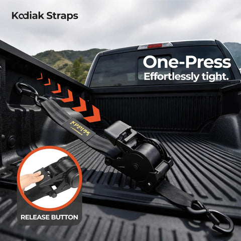 Heavy Duty Retractable Ratchet Straps 2 Inch by 10 Foot 3000 Lb Tie Down Kit for Truck Trailer Motorcycle and ATV with Slick Black Finish, shown in truck bed with release button.