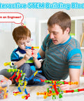 Father and son playing with Stem Building Toys Set With 125 Pieces For Ages 3 4 5 6 7 8 And Up Boys And Girls Creative Engineering Blocks