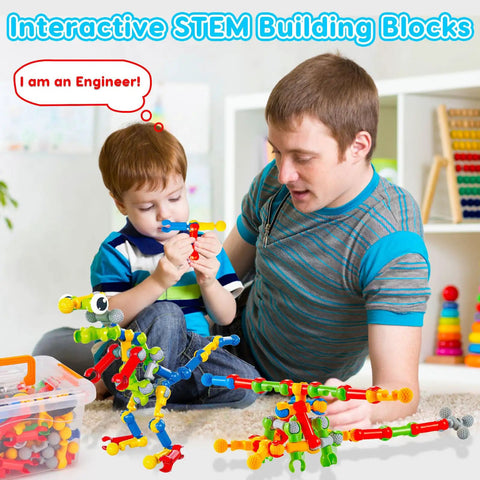 Father and son playing with Stem Building Toys Set With 125 Pieces For Ages 3 4 5 6 7 8 And Up Boys And Girls Creative Engineering Blocks