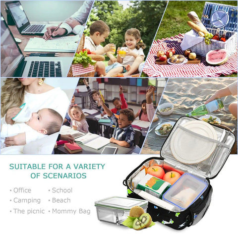 Durable Insulated Lunch Box For Kids And Teens, Lightning Bolt Theme, Kid Friendly Cooler Tote With Shoulder Strap, Reusable School Lunch Bag, 6.5L Capacity, Fits Six Packs, Black, open with food containers