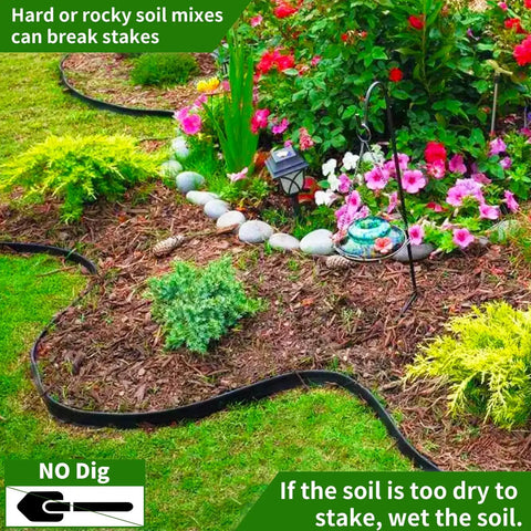 No Dig Lawn Edging Kit 40 Ft Landscape Border with Stakes surrounding vibrant flower bed, path edging in garden scene.