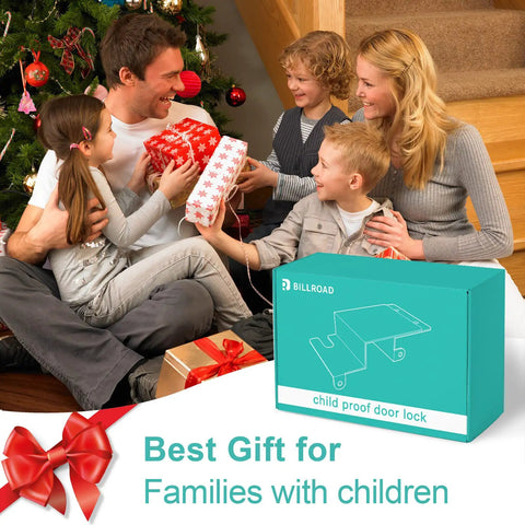 Family enjoying holiday with gift-wrapped Sturdy Kid Safe Door Top Lock for 0.8 To 2 Inch Thick Doors in festive box