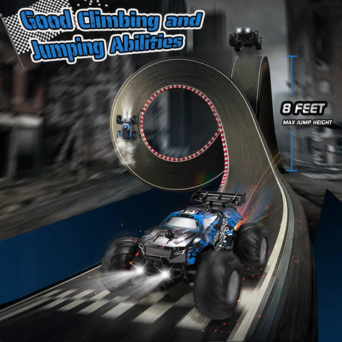 All Terrain Remote Control Car For Kids And Beginners 1:20 Scale Dual Motor RC Truck with LED Lights climbing a track