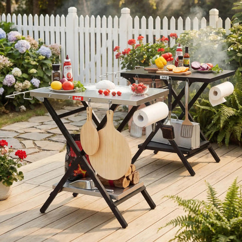 Foldable Outdoor Grill Table And Prep Station With Pizza Oven Base And Griddle Stand in garden setting with accessories