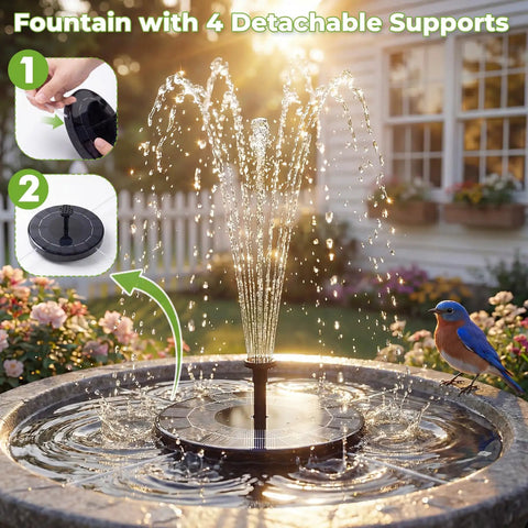 2.5W Solar Fountain Pump With 6 Nozzles for Bird Bath Garden Outdoor Water Feature, fountain spraying water with bluebird nearby