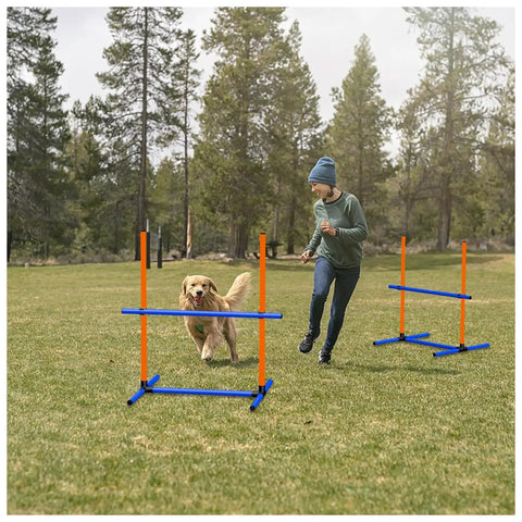 Person and dog using 6 Piece Dog Agility Jumps And Hurdles Set With Adjustable Heights Portable Storage Bag Pro Grade Backyard Obstacle Courses