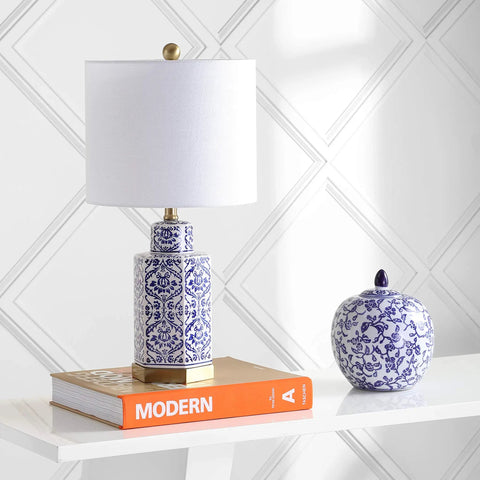 Blue And White Ginger Jar Ceramic LED Table Lamp With Hex Damask Pattern White Linen Shade Brass Accents Includes LED Bulb ETL Listed About 24 Inch Tall Modern Rustic Corner Accent Light