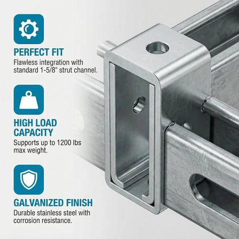 Heavy Duty Strut Channel Trolley Track Hanger Bracket Crafted For 1-5/8 Inch Universal Hoist Rigging As A Rock Solid Punching Bag Mount And Bulletproof Rolling Door Support