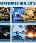 Image of various equipment illustrating the scope of application for heavy-duty industrial machines, including hydraulic and agricultural machinery.