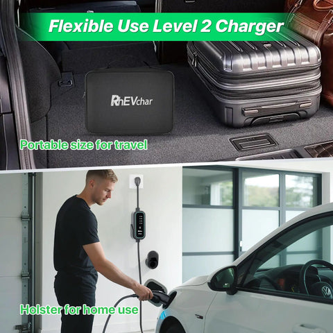 40A Level 2 EV Charger With J1772 Connector Portable Mobile Electric Vehicle Charger in car trunk and charging a vehicle