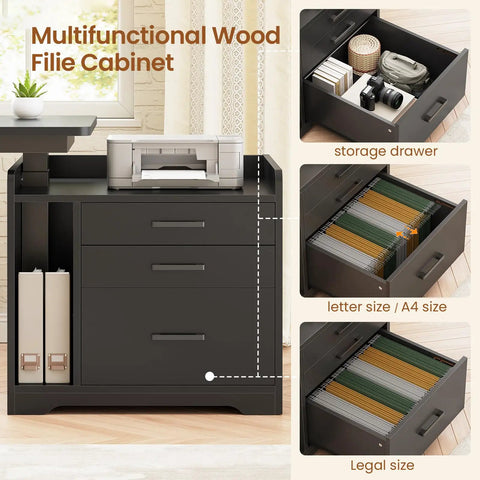 Multifunctional wood file cabinet with storage drawers on L Shaped Electric Standing Desk With File Cabinet And Drawers