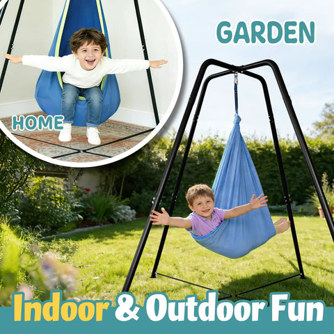 Child playing in Heavy Duty Sensory Swing With Stand And Pod Chair Set Metal X Frame Hammock Chair Stand For Home And Outdoors