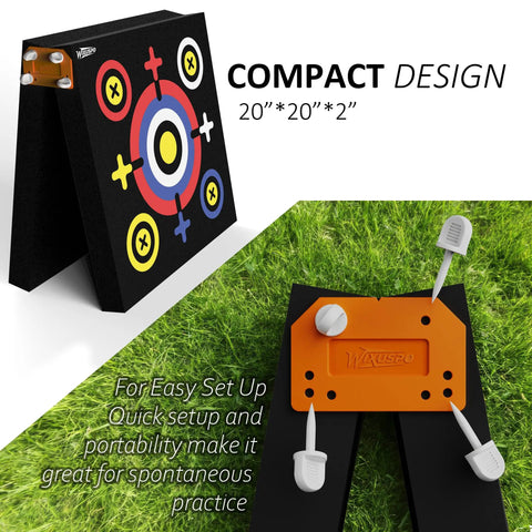 Backyard Archery Target Set 20x20x4 Foam Block With Foldable Self Standing Base, showing compact design and setup on grass.