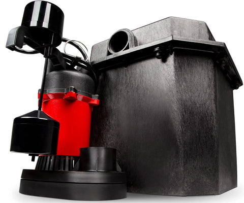 One Third HP 115 Volt Under Sink Sump Pump System with Six Gallon Basin, showing pump and black basin, for home wastewater use