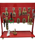 Auto Body Pulling Machine For Collision Repair tools on red pegboard cart with heavy duty clamps and alignment tools