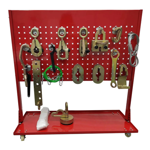 Auto Body Pulling Machine For Collision Repair tools on red pegboard cart with heavy duty clamps and alignment tools