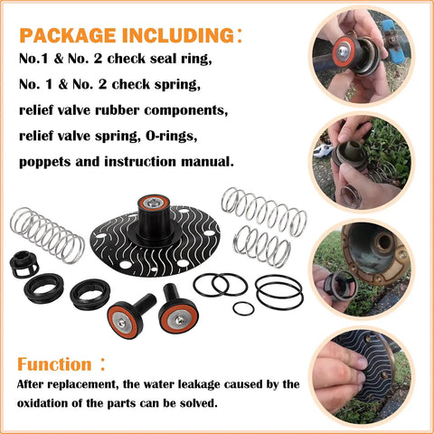 3/4 To 1 Inch Backflow Repair Kit For 975XL 975XL2 Replacement shown with springs, O-rings, valves, and installation steps.
