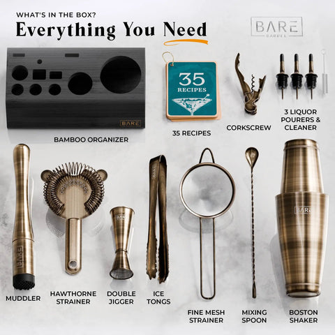 Mixology Bartender Kit Bar Set For Home Bar Enthusiasts 14-Piece Shaker Set With 28oz Boston Shaker Brass And Black Finish displayed