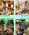 Children playing with blocks and toys in a classroom, toy room, outdoor camping, and family packing car for travel.