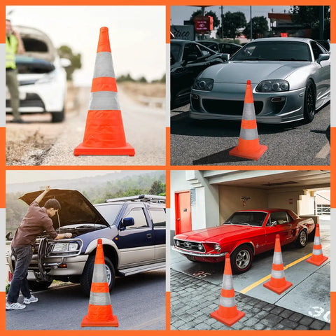 28 Inch Collapsible LED Traffic Cones Four Pack Pop Up Reflective Safety Cones For Roadside Parking Lot Construction And Events Ultra Easy To Fold Store And Deploy In Bright Orange