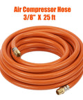Air Compressor Kit With Three Eighth Inch By Twenty Five Foot PVC Hose And Eighteen Essential Air Tool Accessories Plus One Quarter Inch Fittings Brass Ends Corrosion Resistant Up To Three Hundred PSI Lightweight Durable For DIYers coiled orange hose with brass end fittings