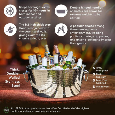 Hammered Stainless Steel Beverage Tub With Double Walled Insulation Anchored Ice Bucket Chiller For Epic Parties 12 Quarts filled with ice and bottles, showing thick double-walled steel.