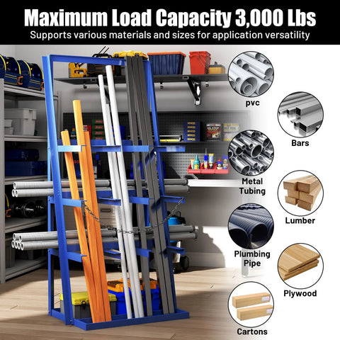 Heavy Duty Vertical Bar Rack For Lumber And Steel Rods Garage Storage Solution With 3000 Lb Weight Limit, storing various materials.