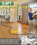 A woman using the Super Powerful 1050W Handheld Steam Cleaner With 11 Pieces Accessories in a home with 9.8FT long power cord for deep cleaning.