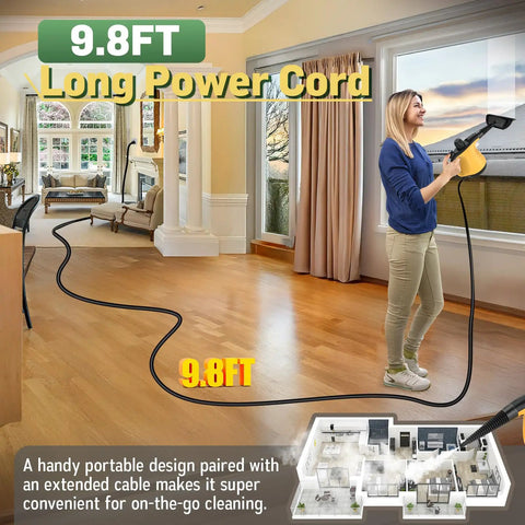 A woman using the Super Powerful 1050W Handheld Steam Cleaner With 11 Pieces Accessories in a home with 9.8FT long power cord for deep cleaning.
