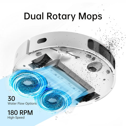 Bottom view of Smart Robot Vacuum And Mop System That Crushes Mess With Auto Mop Cleaning And Drying Self Refilling Base