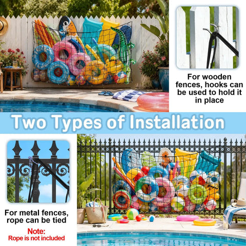Big Pool Float Storage Net With 20 Hooks And Storage Bag, Hanging Mesh Organizer on wooden and metal fences by pool