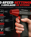 Hand holding Powerful 130000 RPM Cordless Air Duster showcasing 3 speed settings with dual nozzles for computers electronics and cars