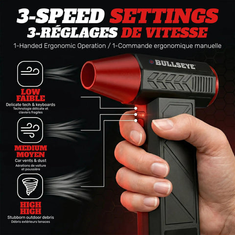 Hand holding Powerful 130000 RPM Cordless Air Duster showcasing 3 speed settings with dual nozzles for computers electronics and cars