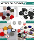 Zero Sweat DIY Fabric Button Maker Machine Kit Packs 300 Heavy Duty Buttons And Three Perfectly Sized Molds For Upholstery Work Doll Sewing And Weekend Craft Vibes showing different styles of fabric and leather buttons.