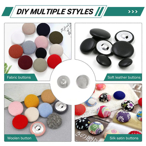 Zero Sweat DIY Fabric Button Maker Machine Kit Packs 300 Heavy Duty Buttons And Three Perfectly Sized Molds For Upholstery Work Doll Sewing And Weekend Craft Vibes showing different styles of fabric and leather buttons.