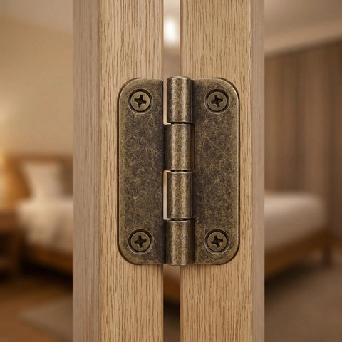 12 Pack Small Antique Iron Hinges With Rounded Corners And Four Hole Vertical Design For Cabinets And Jewelry Boxes on wood