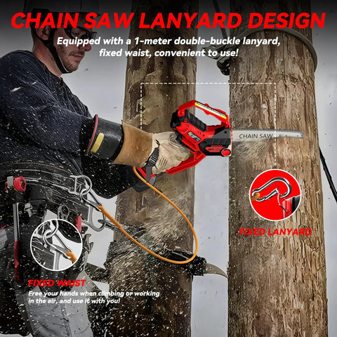 Person using Powerful Mini Chainsaw Kit 8-Inch And 6-Inch 2-In-1 Cordless Electric Chainsaw with safety lanyard on tree.