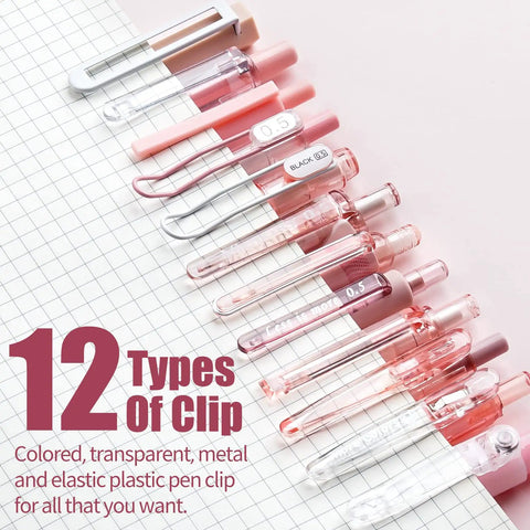 Rose Series Gel Pens Set Of 12 With Black And Pink Ink 0.5mm Fine Point showing 12 types of pen clips on a grid background.