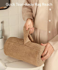 Side view of tan microfiber cleaning cloth roll being unrolled; reusable, washable 12x12 towels