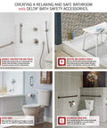 Four bathroom safety products including an 18 Inch ADA Bath Grab Bar In Polished Chrome, Angular Modern Decorative Design with concealed mounting.