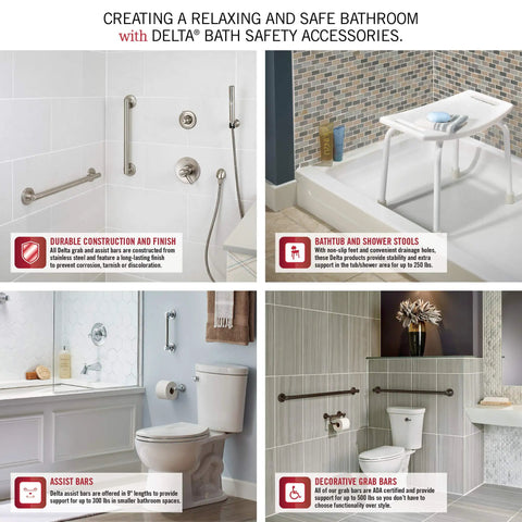 Four bathroom safety products including an 18 Inch ADA Bath Grab Bar In Polished Chrome, Angular Modern Decorative Design with concealed mounting.