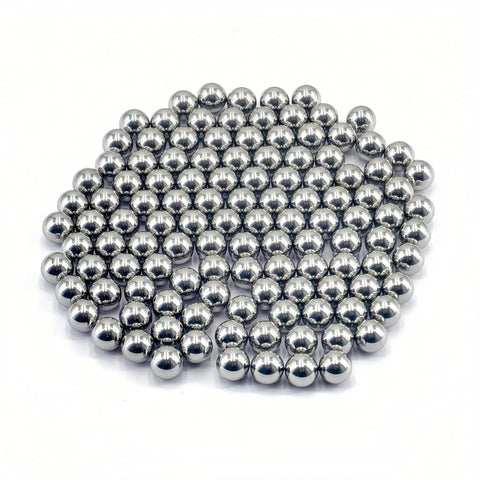 120 Set 9 Millimeter 304 Stainless Steel Balls Solid Metal Bearing Spheres piled together for sliding doors and bicycle hubs.