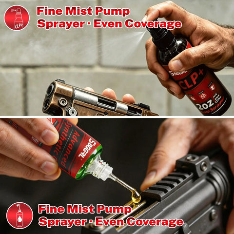 Applying CLP spray and lube from 80 Piece Gun Cleaning Kit for Handguns Rifles Calibers .22 .357 .38 9mm .40 .45 Bronze Bore Brushes