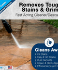 Heavy Duty Concentrated Concrete Cleaner That Kicks Stubborn Oil Stains Rust And Hard Water Deposits Right Out Works Smooth As Silk For Patios Driveways And Garage Floors One Gallon being applied to a stained patio surface.