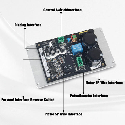 Main control board of DC Brushless Spindle Motor Kit For CD210v WM210v Lathe 1100W 110V Input with labeled interfaces.