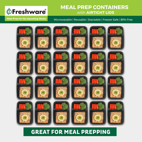 Top Tier Meal Prep Setup, Two Compartment Bento Boxes With Secure Lids, 15 Pack Stackable Food Storage Containers, BPA Free Microwave And Dishwasher Safe, 28 Oz Portions Hit The Spot Daily