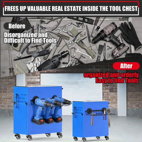 Heavy Duty Magnetic Power Tool Organizer And Drill Holder Wall Mount For Cordless Tools 50 lb garage storage rack shown mounted.