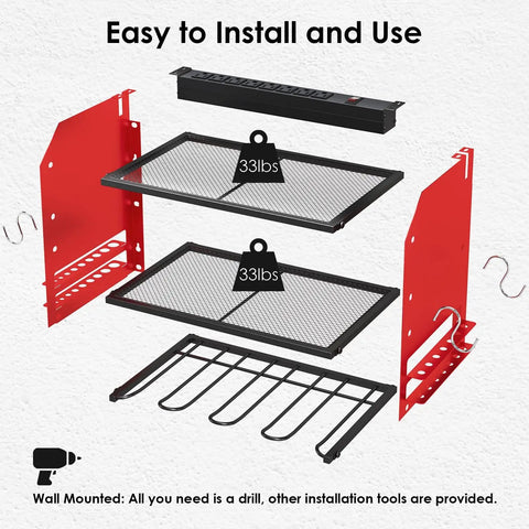 Exploded view of Power Tool Organizer Wall Mount With Charging Station components including shelves and power strip.