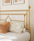Queen Size Metal Platform Bed Frame Featuring Victorian Headboard With Gold Metallic Finish Heavy Duty Steel Slats Zero Box Spring Necessary Built Straight Up Solid For Premium Bedroom Vibes with cushions